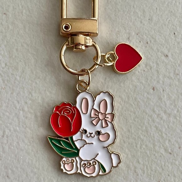 White Rabbit With Red Flower Keychain Purse Charm - Picture 2 of 3